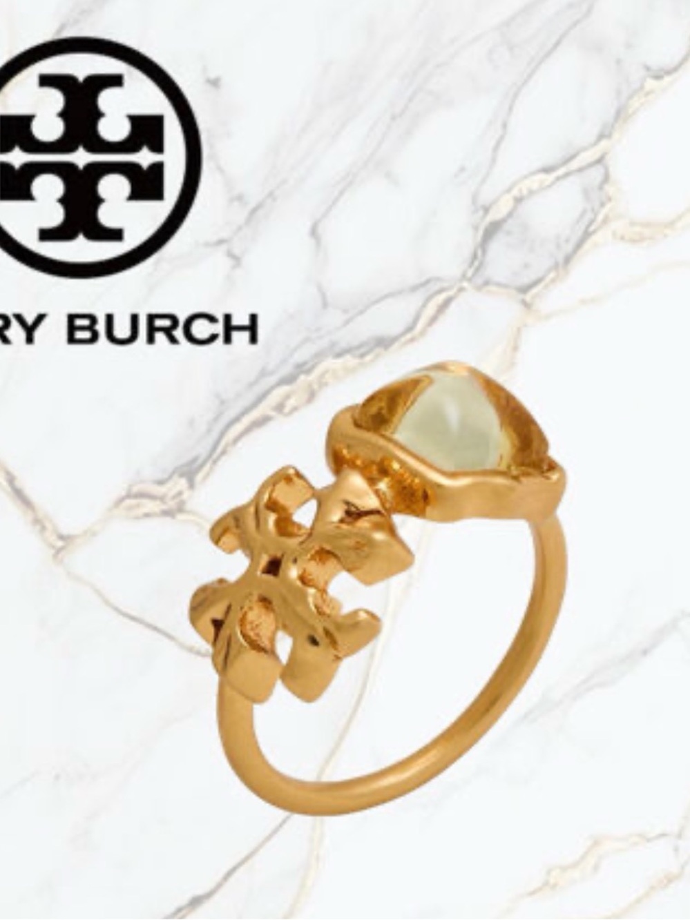 Tory Burch Gold Open Emblem Ring with Faceted Accent AUTHENTIC SZ 8
